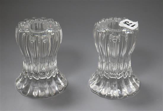 A pair of Sevres glass candle holders height 11cm